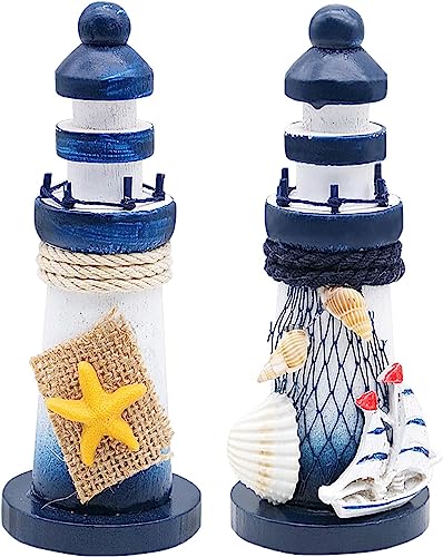 JJQHYC 2 Stück Leuchtturm aus Holz Maritime Dekoration Nautische Badezimmer Deko Mediterrane Blau Leuchtturm Ornamente von JJQHYC