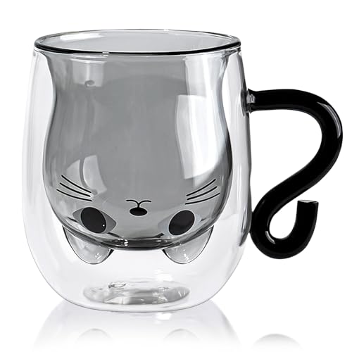 Katze Tasse Süße Tasse Glas Doppelwandige Gläser Kaffeetasse Katze Geschenke für Frauen Teegläser Katzen Tasse Geschenke für Geburtstag Weihnachten von JJQHYC