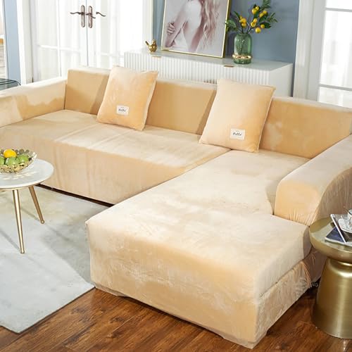 JJRETGY Sofabezüge Samt 1 2 3 4 Sitzer, Stretch Rutschfester Couchbezüge, Sofabezug Ecksofa L Form, Sofaüberwurf Mit Armlehnen Waschbare Sofabezug für Haustiere (Beige,190x230cm 3seater) von JJRETGY