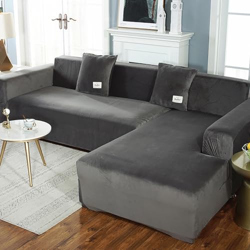 JJRETGY Sofabezüge Samt 1 2 3 4 Sitzer, Stretch Rutschfester Couchbezüge, Sofabezug Ecksofa L Form, Sofaüberwurf Mit Armlehnen Waschbare Sofabezug für Haustiere (Dark Gray,190x230cm 3seater) von JJRETGY