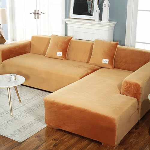 JJRETGY Sofabezüge Samt 1 2 3 4 Sitzer, Stretch Rutschfester Couchbezüge, Sofabezug Ecksofa L Form, Sofaüberwurf Mit Armlehnen Waschbare Sofabezug für Haustiere (Orange Color,190x230cm 3seater) von JJRETGY