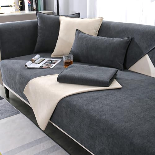 JJRETGY Sofabezug Chenille 1 2 3 4 Sitzer, Ecksofa L Form Sofaüberwurf, rutschfeste Sofabezüge, Warmer Super Weicher Sofabezug, Waschbare Sofabezug für Haustiere (Dunkelgrau,70X210cm), DDVF1031 von JJRETGY