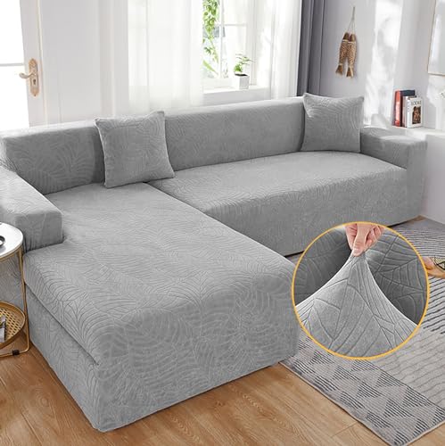 JJRETGY Sofabezug Ecksofa L Form, Wasserdicht Stretch Sofaüberwurf, All-Inclusive-Anti-Rutsch-Wasserabweisender Sofabezug für 1/2/3/4-Sitzer, Sofaschutz Hund Kratzschutz Katze (Hellgrau, 4 Seat) von JJRETGY