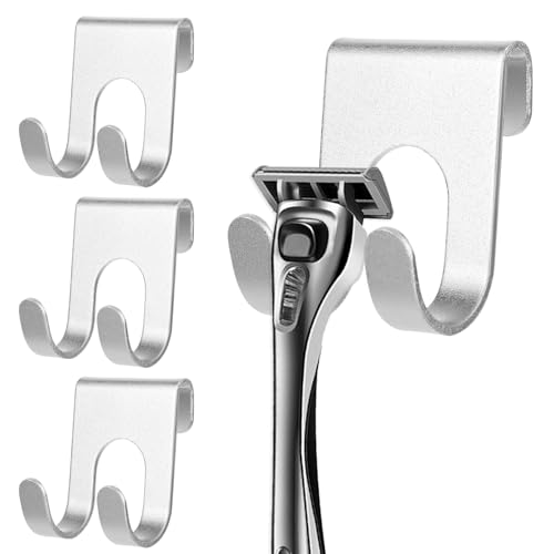 JJUNW 4 Stück Rasierer Halterung Dusche, Rasierhalter Dusche Ohne Bohren, Wasserdicht Selbstklebende Badezimmer Haken für Badezimmer Küche Organizer(Silber) von JJUNW