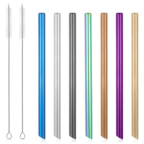 JJUNW 7 Stück Edelstahl Strohhalme, Bunte Trinkhalme mit 2 Reinigungsbürste Wiederverwendbar 21cm Lange Metall Strohhalm Gerade Strohhalm 12mm Extra Breite für Cocktails Säfte Bubble Tea von JJUNW