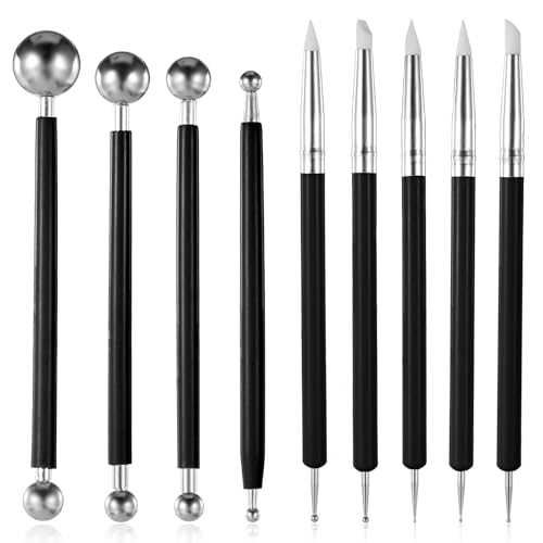 JJUNW 9 Stück Ton Schnitzwerkzeug, Modellierwerkzeug, Töpferwerkzeug Modellierkugel und Weiche Gummispitze Modellierstift Clay Sculpting Tools für Nagelkunst Fondant Modellierung Prägung DIY(schwarz) von JJUNW