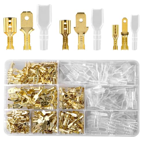 JJUNW 450 Stück Flachsteckhülsen Set, Kabelschuhe Set 2,8 mm 4,8 mm 6,3 mm Flachstecker Männlich & Weiblich Quetschverbinder Sortiment Crimpverbinder für Kfz Motorrad Auto von JJUNW
