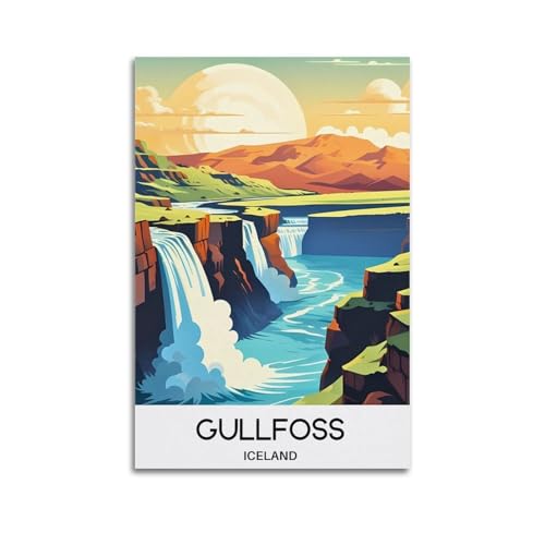 JJUPUV Gullfoss Island-Vintage-Reiseposter, Wandkunst, Rollen, Leinwand, Gemälde, Bild, Wohnzimmer-Dekoration, Zuhause, 40 x 60 cm von JJUPUV