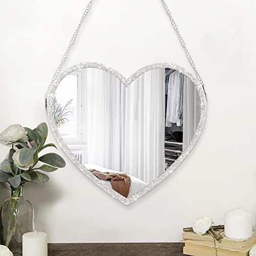 Großer Spiegel in Herzförmig Wandspiegel Dekor, Wand Schminkspiegel mit Glitzer Diamanten Spiegel für dekorativer Holzrahmen Makeup Spiegel Wandmontage für Wohnzimmer, Schlafzimmer, Flur, Schlafsaal von JJUUYOU