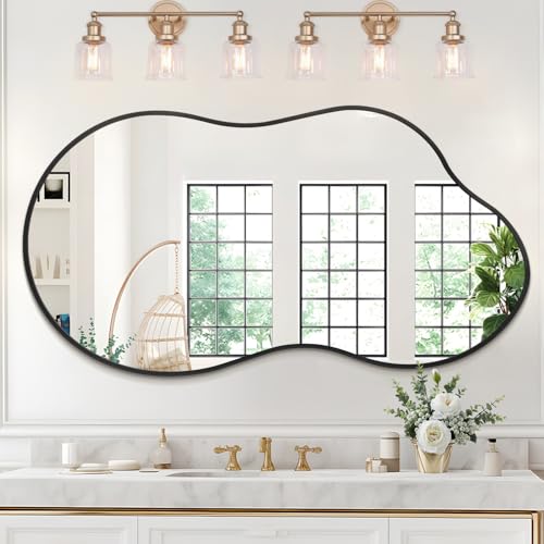 JJUUYOU Großer Badezimmer Wandspiegel Schwarz Unregelmäßig Gebürstetem Metall Rahmen 50 x 90cm Eitelkeit Wand montiert Spiegel für Wohnzimmer Schlafzimmer Eingang Eitelkeit Home Decor von JJUUYOU