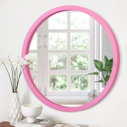 JJUUYOU Kreis Wandspiegel 40 cm Runde Wandspiegel für Badezimmer, rosa runder Spiegel Waschraum Wandmontage Holzrahmen Hängespiegel für Wohnzimmer, Schlafzimmer, Wohnheim dekorativ von JJUUYOU