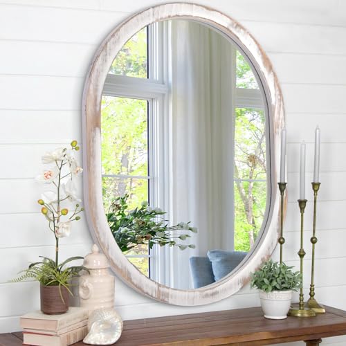 JJUUYOU Ovaler Wandspiegel, Badezimmerspiegel aus Holzrahmen, Wandmontage, 40 x 50 cm, ovaler Spiegel für Waschtisch, Wohnzimmer, Eingangsbereich, Schlafzimmer von JJUUYOU