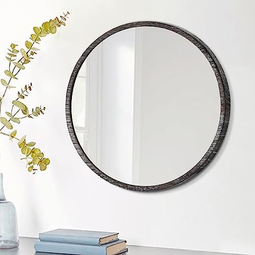 JJUUYOU Rustikaler runder Spiegel, zum Aufhängen, dekorativer Kleiner Spiegel, natürlicher Holzrahmen mit weißem Rand für Schlafzimmer, Badezimmer oder Wohnheim, 23 cm von JJUUYOU