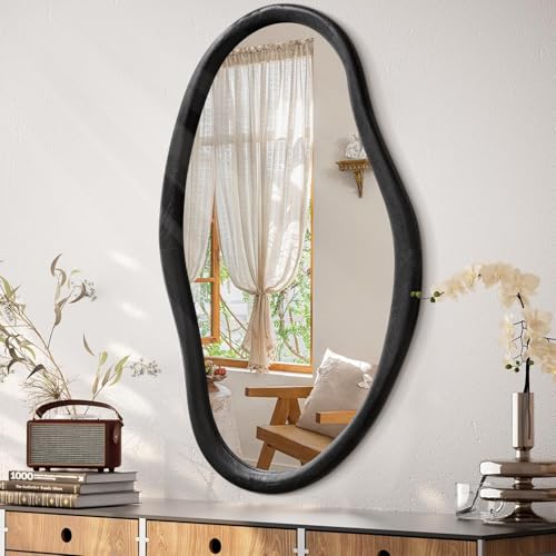 JJUUYOU Unregelmäßiger Wandspiegel, schwarz, asymmetrischer Holzspiegel zum Aufhängen, 75 x 45 cm, groß, dekorativ, Wandmontage, Schminkspiegel für Badezimmer, Ankleidezimmer, Wohnzimmer von JJUUYOU