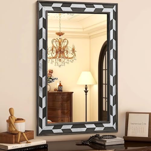 JJUUYOU Wandspiegel Groß Rechteckig Holzrahmen 70x50cm Rustikaler Badezimmer Vanity Dekorativer Spiegel Horizontal Vertikal Hängend für Wohnzimmer Schlafzimmer von JJUUYOU
