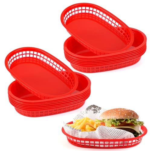 JJWNMLL 16 Stück servierkörbchen, Pommes Körbchen, wiederverwendbarer ovaler Obstkorb aus Kunststoff,Lebensmittelkörbe für Burger, Sandwiches, Pommes, Grillen, Partys (Red 16Pcs（27 x 17 cm）) von JJWNMLL