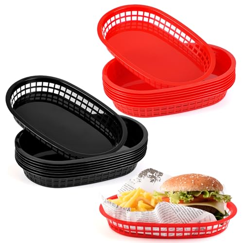 JJWNMLL 16 Stück servierkörbchen, Pommes Körbchen, wiederverwendbarer ovaler Obstkorb aus Kunststoff,Lebensmittelkörbe für Burger, Sandwiches, Pommes, Grillen, Partys (Red 8Pcs+Black 8Pcs（27 x 17 cm）) von JJWNMLL