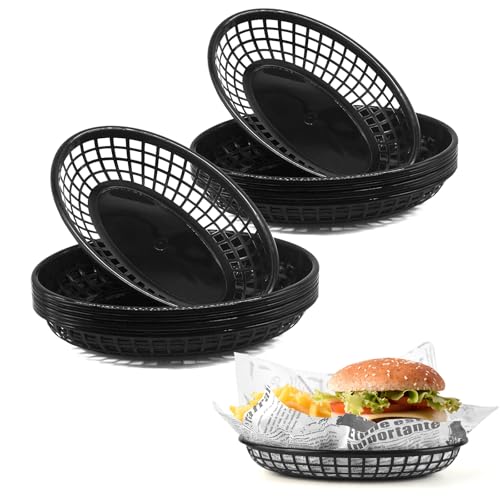 JJWNMLL 16 Stück servierkörbchen, Pommes Körbchen, wiederverwendbarer ovaler Obstkorb aus Kunststoff,Lebensmittelkörbe für Burger, Sandwiches, Pommes, Grillen, Picknicks, Partys (Black 16pcs) von JJWNMLL