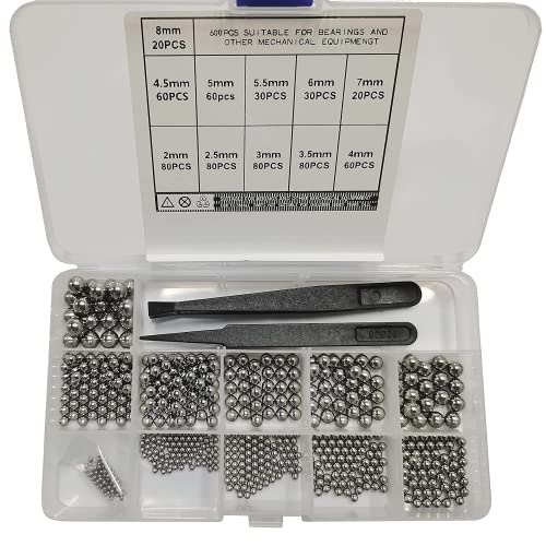 JJWNMLL 600 Stück Edelstahl Kugellager 11 Größen 2-8 mm Mixer Ball Reinigungsperlen Klassifizierungsset für Industriezubehör Rollen Fördergeräte Instrumente Fahrräder mit 2 Pinzetten von JJWNMLL