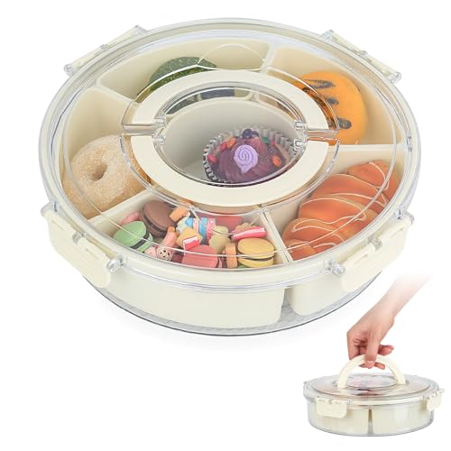 Snackbox mit Fächern Rund, Snackschale mit Deckel & Griff, Picknick Box mit Fächern 6, Snackteller Organizer, tragbare Servierplatte mit Deckel für Süßigkeiten Obst Gemüse Desserts Aufbewahrungsbox von JJWUYUE