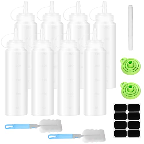 JJZGPP Squeeze Flasche, 8 Stück 250ml Plastik Quetschflasche Mit Kappen - BPA Frei,Kein Leck Condiment Flaschen für Malen,Backen,Ketchup,scharfe Soße,Olivenöl, Saucenflasche von JJZGPP