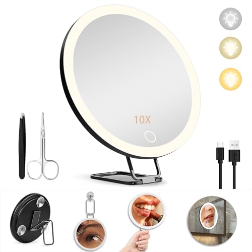 JJhxr 10X Vergrößerungsspiegel mit Licht,15.24 cm großer Makeup Vergrößerungsspiegel, 3 Farben Dimmbarer Makeup Spiegel mit 360° Tischständer, Tragbarer LED Vergrößerungsspiegel mit 3 Saugnäpfen von JJhxr