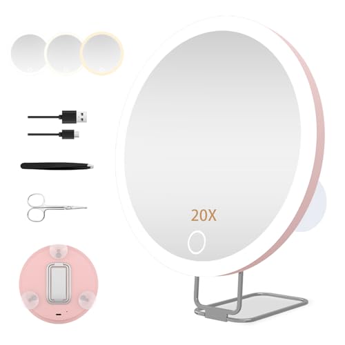 JJhxr 20X Vergrößerungsspiegel mit Licht,15.24 cm großer Makeup Vergrößerungsspiegel, 3 Farben Dimmbarer Makeup Spiegel mit 360° Tischständer, Tragbarer LED Vergrößerungsspiegel mit 3 Saugnäpfen von JJhxr