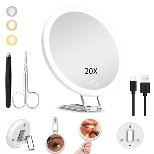 JJhxr 20X Vergrößerungsspiegel mit Licht,15.24 cm großer Makeup Vergrößerungsspiegel, 3 Farben Dimmbarer Makeup Spiegel mit 360° Tischständer, Tragbarer LED Vergrößerungsspiegel mit 3 Saugnäpfen von JJhxr