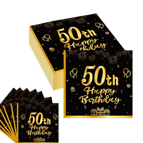 JJiaoLinin 50 Geburtstags Deko Servietten,40Stück Schwarz Gold Papier Party Servietten Tischdeko 50er Geburtstag Männer Frauen Geburtstags Party Deko von JJiaoLinin