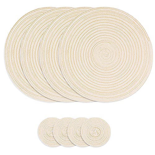 Gewebte runde Tischsets mit 8, 38 cm Tischsets aus Baumwolle und 11 cm Untersetzer, hitzebeständige waschbare Tischsets für Küche, Esstisch (Beige) von JJoexyfit