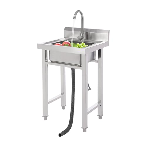 JJsdwin Freistehende Gewerbliche Spüle, Einschalen-Küchenspüle mit mit 360° Drehbare Wasserhahn, Edelstahlspüle für Reinigung Geschirr, 50x50x93cm von JJsdwin