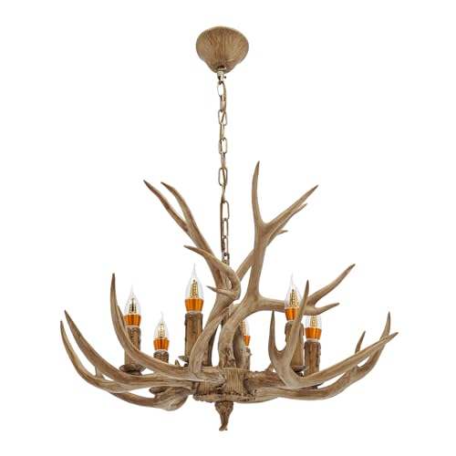 JJsdwin Retro Hirschgeweih Lampe, 6 Licht Harz Geweih Kronleuchte, Dekoration Vintage Stil Geweihlampe für Wohnzimmer,Schlafzimmer und Esszimmer von JJsdwin