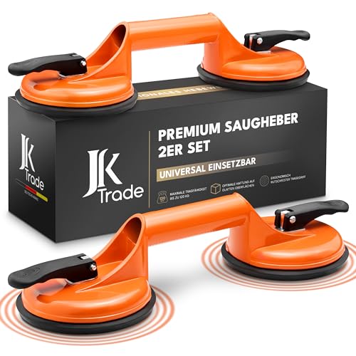 JK Trade® 2er Set Saugheber mit Tragegriff | rutschfester Vakuumheber mit Haltegriff bis 120 kg Tragkraft | Saugnapf Hebewerkzeug als Transporthilfe für Glasscheiben, Fliesen, Autoscheiben, Trockner von JK Trade