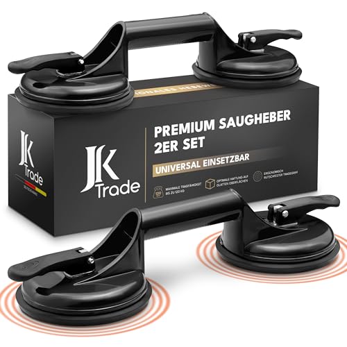 JK Trade® 2er Set Saugheber mit Tragegriff | rutschfester Vakuumheber mit Haltegriff bis 120 kg Tragkraft | Saugnapf Hebewerkzeug als Transporthilfe für Glasscheiben, Fliesen, Autoscheiben, Trockner von JK Trade