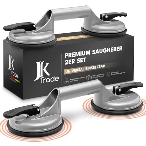 JK Trade® 2er Set Saugheber mit Tragegriff | rutschfester Vakuumheber mit Haltegriff bis 120 kg Tragkraft | Saugnapf Hebewerkzeug als Transporthilfe für Glasscheiben, Fliesen, Autoscheiben, Trockner von JK Trade