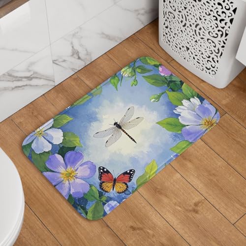 Fußmatte Willkommens-Fußmatte, 40,6 x 61 cm, rutschfest, saugfähig, Badteppich, weich, waschbar, Bodenmatte, Wasserfarbe, Blume, Libelle und Schmetterling, Teppich für stilvolle Küche, Schlafzimmer Fußmatte Willkommens-Fußmatte, 40,6 x 61 cm, rutschfest, saugfähig, Badteppich, weich, waschbar, Bodenmatte, Wasserfarbe, Blume, Libelle und Schmetterling, Teppich für stilvolle Küche, Schlafzimmer von JKASDTRP