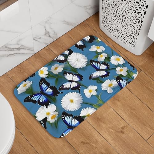 Fußmatte Willkommens-Fußmatte, 40,6 x 61 cm, rutschfest, saugfähig, Badteppich, weich, waschbar, Bodenmatte, blaue Schmetterlinge, weiße Blumen, Teppich für stilvolle Küche, Schlafzimmer, Badezimmer Fußmatte Willkommens-Fußmatte, 40,6 x 61 cm, rutschfest, saugfähig, Badteppich, weich, waschbar, Bodenmatte, blaue Schmetterlinge, weiße Blumen, Teppich für stilvolle Küche, Schlafzimmer, Badezimmer von JKASDTRP