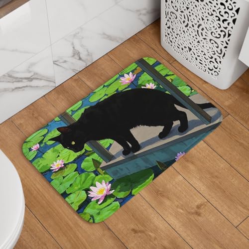 Fußmatte Willkommens-Fußmatte, 40,6 x 61 cm, rutschfest, saugfähig, weich, waschbar, Bodenmatte, schwarze Katze in Seerose, Teichteppich für stilvolle Küche, Schlafzimmer, Badezimmer Fußmatte Willkommens-Fußmatte, 40,6 x 61 cm, rutschfest, saugfähig, weich, waschbar, Bodenmatte, schwarze Katze in Seerose, Teichteppich für stilvolle Küche, Schlafzimmer, Badezimmer von JKASDTRP