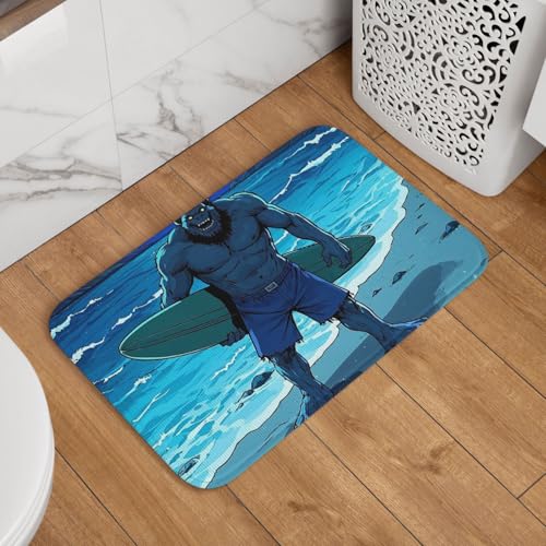 Fußmatte Willkommens-Fußmatte, rutschfest, saugfähig, weich, waschbar, Bodenmatte, Bigfoot hält einen Surfbrett-Teppich für stilvolle Küche, Schlafzimmer, Badezimmer, Dekor Fußmatte Willkommens-Fußmatte, rutschfest, saugfähig, weich, waschbar, Bodenmatte, Bigfoot hält einen Surfbrett-Teppich für stilvolle Küche, Schlafzimmer, Badezimmer, Dekor von JKASDTRP