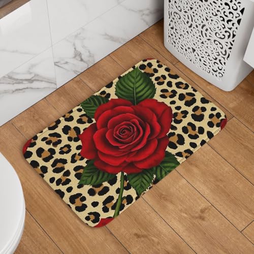 Fußmatte Willkommens-Fußmatte, rutschfest, saugfähig, weich, waschbar, Bodenmatte, Leopardenmuster, rote Rose, Teppich für Küche, Schlafzimmer, Badezimmer, 40,6 x 61 cm Fußmatte Willkommens-Fußmatte, rutschfest, saugfähig, weich, waschbar, Bodenmatte, Leopardenmuster, rote Rose, Teppich für Küche, Schlafzimmer, Badezimmer, 40,6 x 61 cm von JKASDTRP