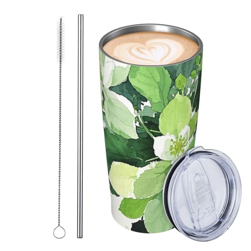JKASDTRP Thermobecher aus Edelstahl, 590 ml, auslaufsicher, Reise-Kaffeetasse mit Deckel und Strohhalm, Aquarell, Blumenblatt, Trinkbecher, Geschenke für Frauen, Männer, Liebhaber von JKASDTRP