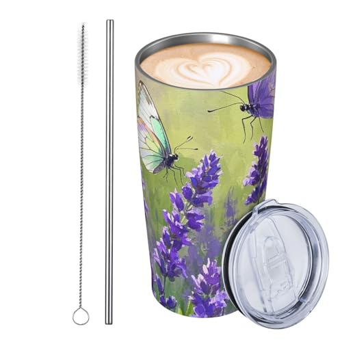 JKASDTRP Thermobecher aus Edelstahl, 590 ml, auslaufsicher, Reise-Kaffeetasse mit Deckel und Strohhalm, Aquarell, Lavendel, Schmetterling, Geschenke für Frauen, Männer, Liebhaber von JKASDTRP