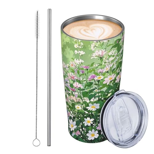 JKASDTRP Thermobecher aus Edelstahl, 590 ml, auslaufsicher, Reise-Kaffeetasse mit Deckel und Strohhalm, Aquarell, Naturlandschaft, Blume, Trinkbecher, Geschenke für Frauen, Männer, Liebhaber von JKASDTRP