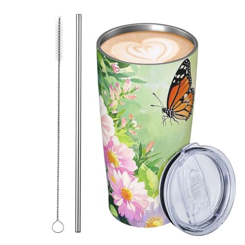 JKASDTRP Thermobecher aus Edelstahl, 590 ml, auslaufsicher, Reise-Kaffeetasse mit Deckel und Strohhalm, Aquarell, Schmetterling, Blume, Geschenke für Frauen, Männer, Liebhaber von JKASDTRP