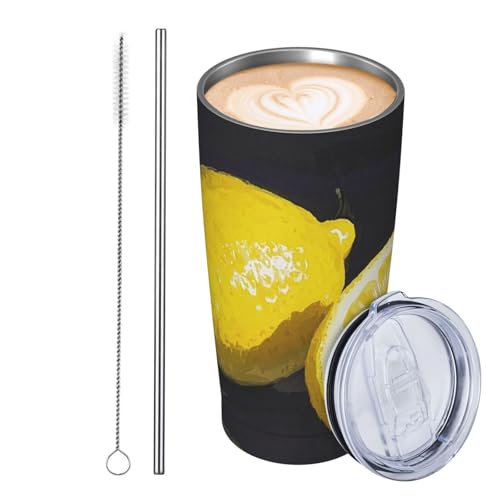 JKASDTRP Thermobecher aus Edelstahl, 590 ml, auslaufsicher, Reise-Kaffeetasse mit Deckel und Strohhalm, Aquarell, Zitrone, Obst, Getränkebecher, Geschenke für Frauen, Männer, Liebhaber von JKASDTRP