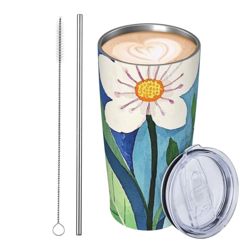 JKASDTRP Thermobecher aus Edelstahl, 590 ml, auslaufsicher, Reise-Kaffeetasse mit Deckel und Strohhalm, Aquarell, einzelne Blumen- und Blattgetränkebecher, Geschenke für Frauen, Männer, Liebhaber von JKASDTRP