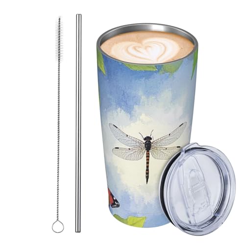JKASDTRP Thermobecher aus Edelstahl, 590 ml, auslaufsicher, Reise-Kaffeetasse mit Deckel und Strohhalm, Aquarell-Blume, Libelle und Schmetterling, Geschenk für Frauen, Männer, Liebhaber JKASDTRP Thermobecher aus Edelstahl, 590 ml, auslaufsicher, Reise-Kaffeetasse mit Deckel und Strohhalm, Aquarell-Blume, Libelle und Schmetterling, Geschenk für Frauen, Männer, Liebhaber von JKASDTRP