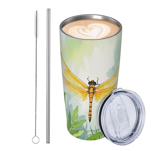 JKASDTRP Thermobecher aus Edelstahl, 590 ml, auslaufsicher, Reise-Kaffeetasse mit Deckel und Strohhalm, Aquarell-Blume, gelbe Libellen, Geschenke für Frauen, Männer, Liebhaber JKASDTRP Thermobecher aus Edelstahl, 590 ml, auslaufsicher, Reise-Kaffeetasse mit Deckel und Strohhalm, Aquarell-Blume, gelbe Libellen, Geschenke für Frauen, Männer, Liebhaber von JKASDTRP