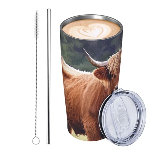 JKASDTRP Thermobecher aus Edelstahl, 590 ml, auslaufsicher, Reise-Kaffeetasse mit Deckel und Strohhalm, Aquarell-Highlandkuh, Trinkbecher, Geschenke für Frauen, Männer, Liebhaber von JKASDTRP