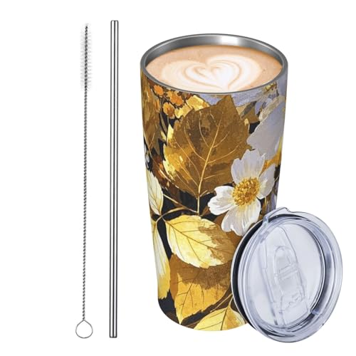 JKASDTRP Thermobecher aus Edelstahl, 590 ml, auslaufsicher, Reise-Kaffeetasse mit Deckel und Strohhalm, Aquarellfarben, goldfarbene Blätter und Blumen, Geschenk für Frauen, Männer, Liebhaber JKASDTRP Thermobecher aus Edelstahl, 590 ml, auslaufsicher, Reise-Kaffeetasse mit Deckel und Strohhalm, Aquarellfarben, goldfarbene Blätter und Blumen, Geschenk für Frauen, Männer, Liebhaber von JKASDTRP